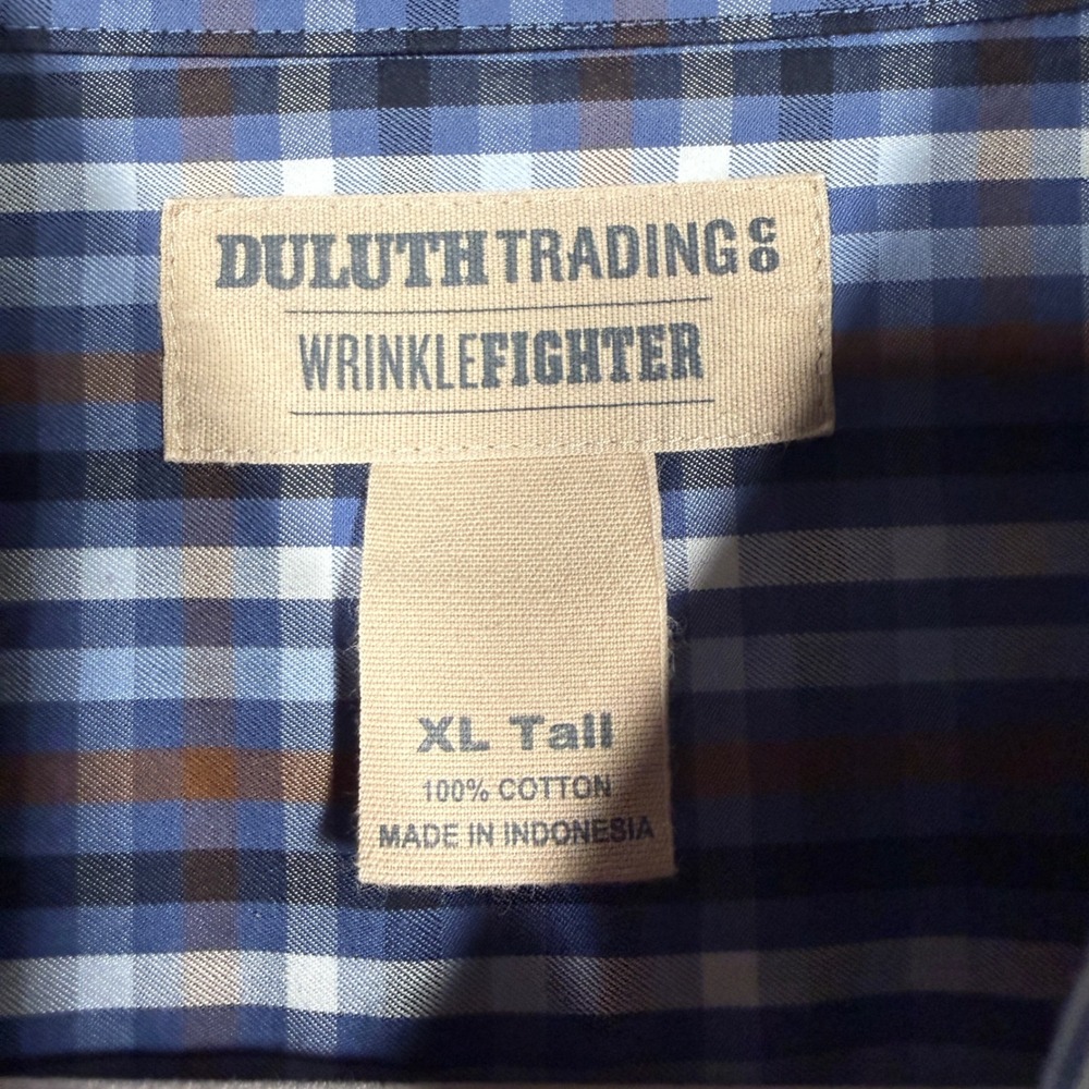 Duluth Trading Co Button Down Mens‎ XLT Blue Brown Plaid WrinkleFighter Shirt - Picture 2 of 5